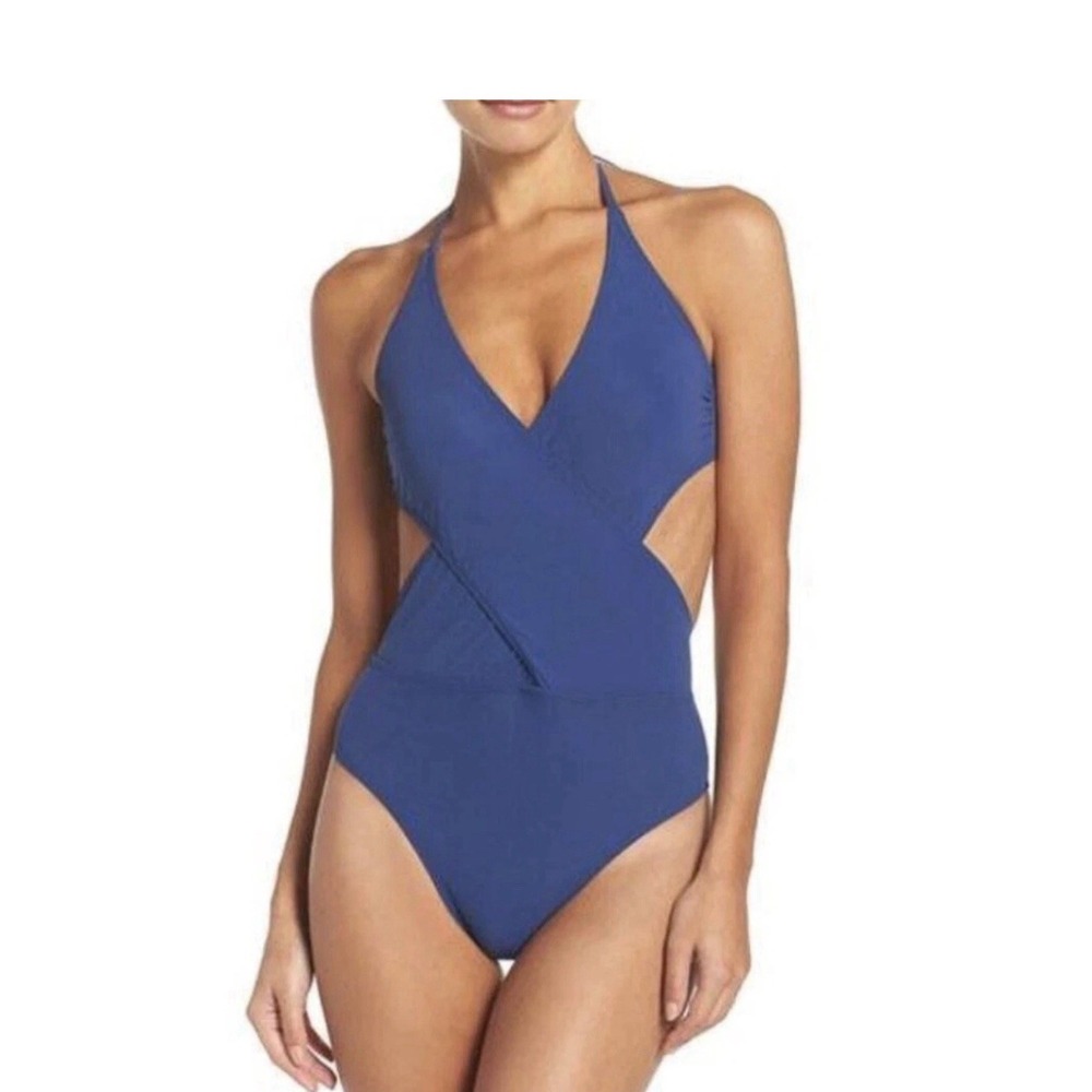 Tory Burch Front Twist Halterneck One Piece Swimsuit Capri Blue M 36528 NEW